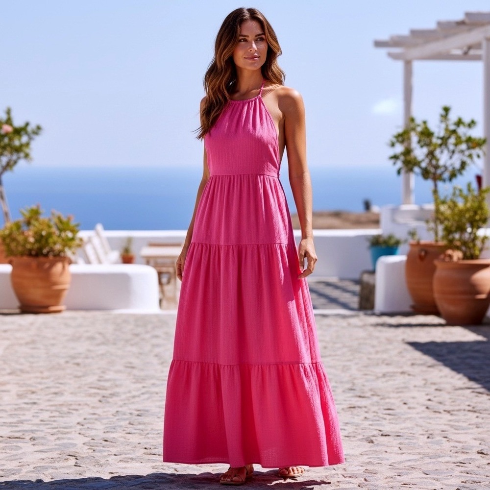 Pink Halter Neck Tiered Maxi Dress Open Back Bow Detail Fuchsia Summer Boho L